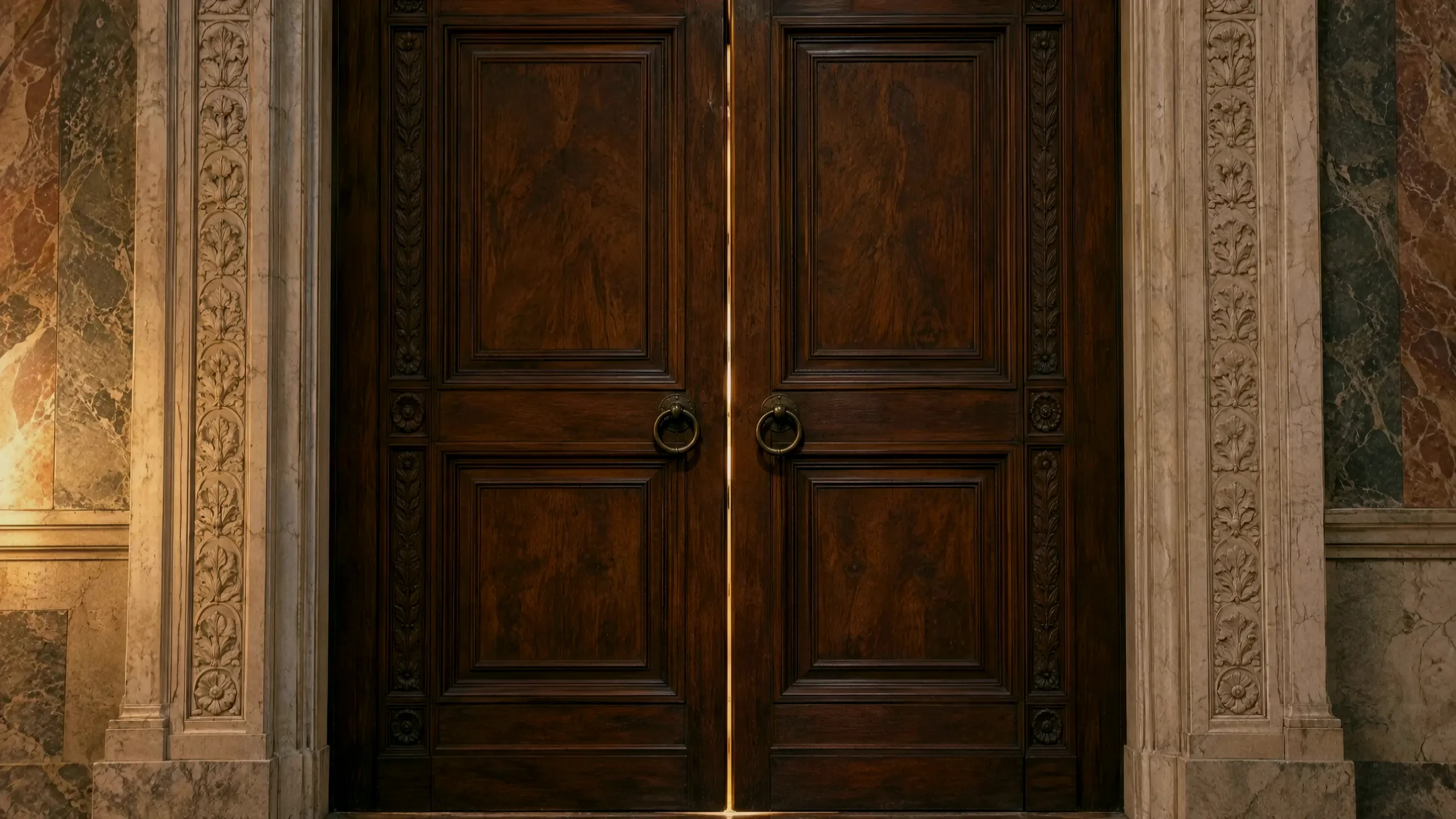 Closed carved doors at the entrance of the library