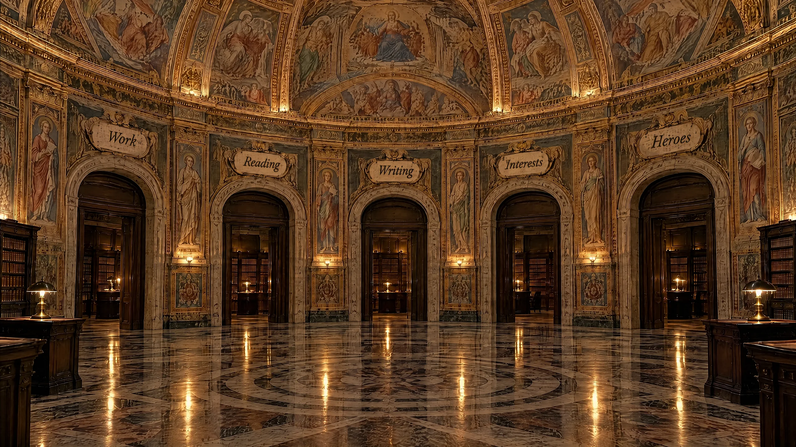The round hall of a library, with five doorways named Work, Reading, Writing, Interests and Heroes